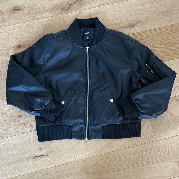 Boohoo -Faux Leather Pocket Detail Bomber Jacket Size 4 in Black